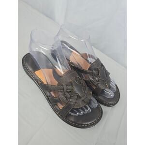 Born Women's‎ Sandal Size 7 Black Leather Thong Slide Woven Mendala Flip Flop